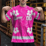 Hi Vis Team T Shirt Reflective Tapes Pink White Flower Custom Name And Number Safety Workwear For Baseball Team Workers, Truckers, Operators