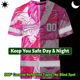Hi Vis Team T Shirt Reflective Tapes Pink White Flower Custom Name And Number Safety Workwear For Baseball Team Workers, Truckers, Operators