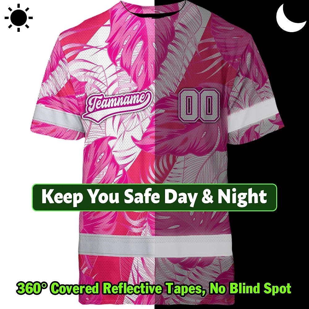 Hi Vis Team T Shirt Reflective Tapes Pink White Flower Custom Name And Number Safety Workwear For Baseball Team Workers, Truckers, Operators