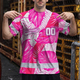 Hi Vis Team T Shirt Reflective Tapes Pink White Flower Custom Name And Number Safety Workwear For Baseball Team Workers, Truckers, Operators