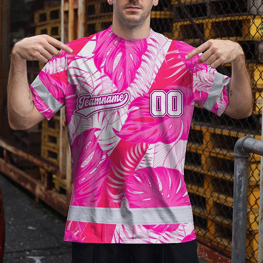 Hi Vis Team T Shirt Reflective Tapes Pink White Flower Custom Name And Number Safety Workwear For Baseball Team Workers, Truckers, Operators