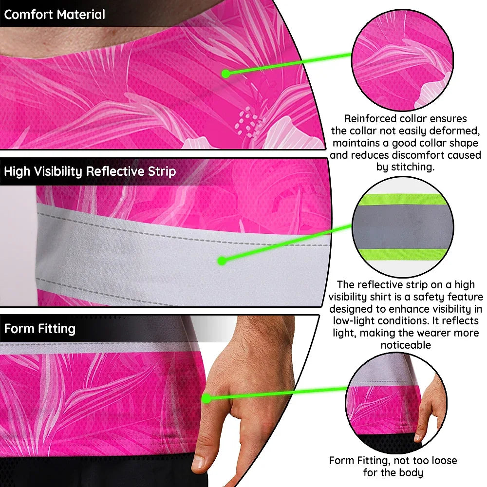 Hi Vis Team T Shirt Reflective Tapes Pink White Flower Custom Name And Number Safety Workwear For Baseball Team Workers, Truckers, Operators