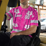 Hi Vis Team T Shirt Reflective Tapes Pink White Flower Custom Name And Number Safety Workwear For Baseball Team Workers, Truckers, Operators