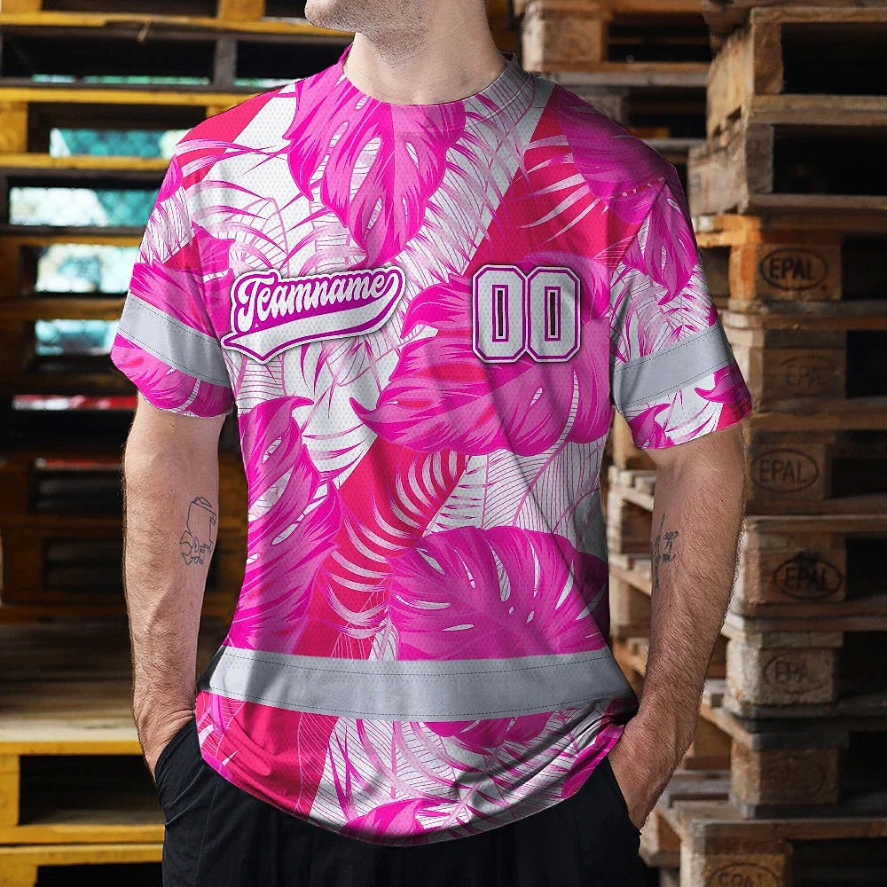 Hi Vis Team T Shirt Reflective Tapes Pink White Flower Custom Name And Number Safety Workwear For Baseball Team Workers, Truckers, Operators