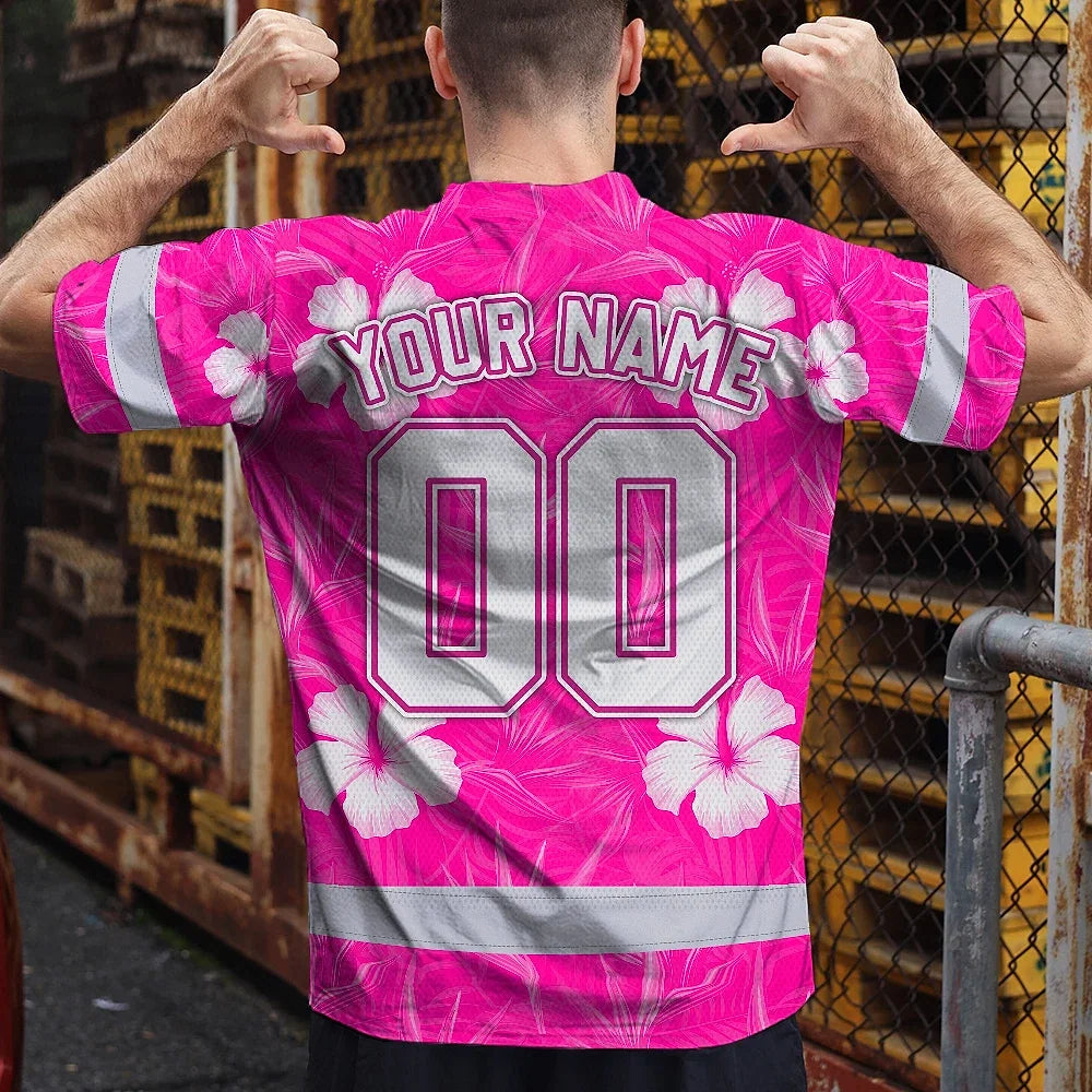 Hi Vis Team T Shirt Reflective Tapes Pink White Flower Custom Name And Number Safety Workwear For Baseball Team Workers, Truckers, Operators