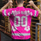 Hi Vis Team T Shirt Reflective Tapes Pink White Flower Custom Name And Number Safety Workwear For Baseball Team Workers, Truckers, Operators