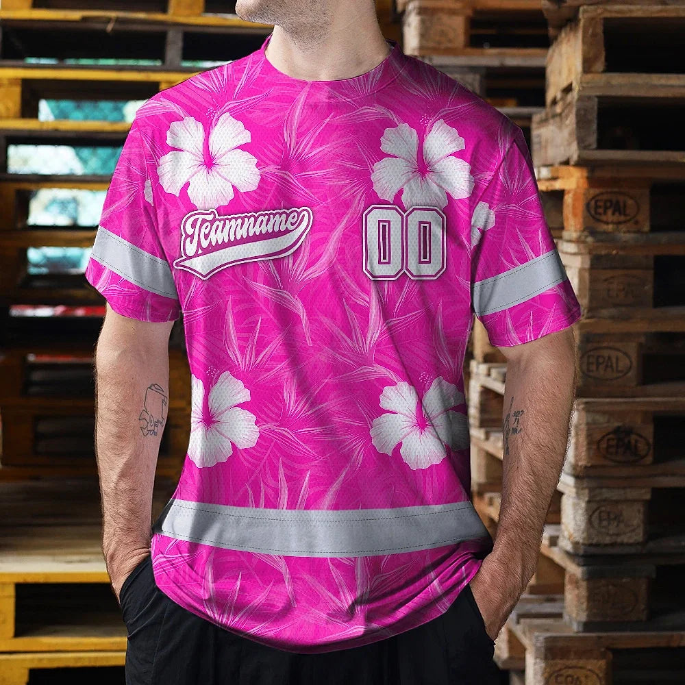 Hi Vis Team T Shirt Reflective Tapes Pink White Flower Custom Name And Number Safety Workwear For Baseball Team Workers, Truckers, Operators
