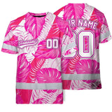 Hi Vis Team T Shirt Reflective Tapes Pink White Flower Custom Name And Number Safety Workwear For Baseball Team Workers, Truckers, Operators
