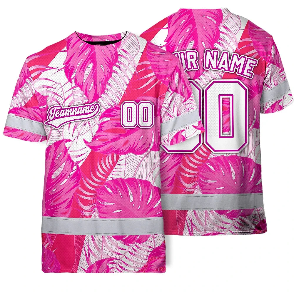 Hi Vis Team T Shirt Reflective Tapes Pink White Flower Custom Name And Number Safety Workwear For Baseball Team Workers, Truckers, Operators