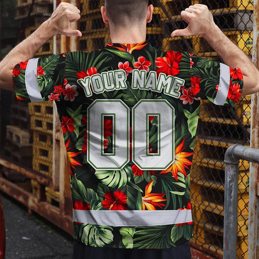 Hi Vis Team T Shirt Reflective Tapes Red Flower Custom Name And Number Safety Workwear For Baseball Team Workers, Truckers, Operators