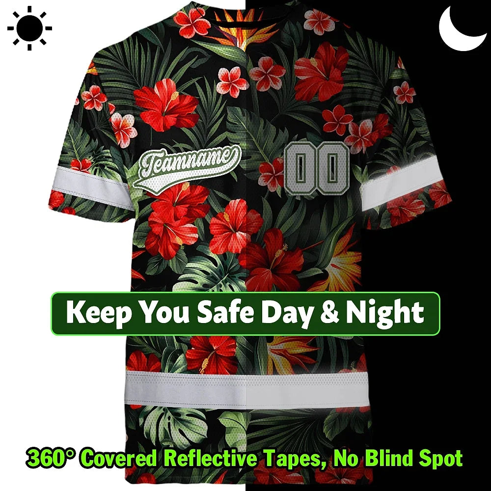 Hi Vis Team T Shirt Reflective Tapes Red Flower Custom Name And Number Safety Workwear For Baseball Team Workers, Truckers, Operators