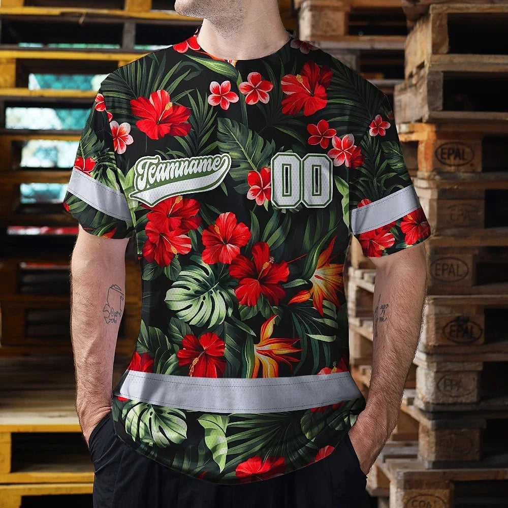 Hi Vis Team T Shirt Reflective Tapes Red Flower Custom Name And Number Safety Workwear For Baseball Team Workers, Truckers, Operators