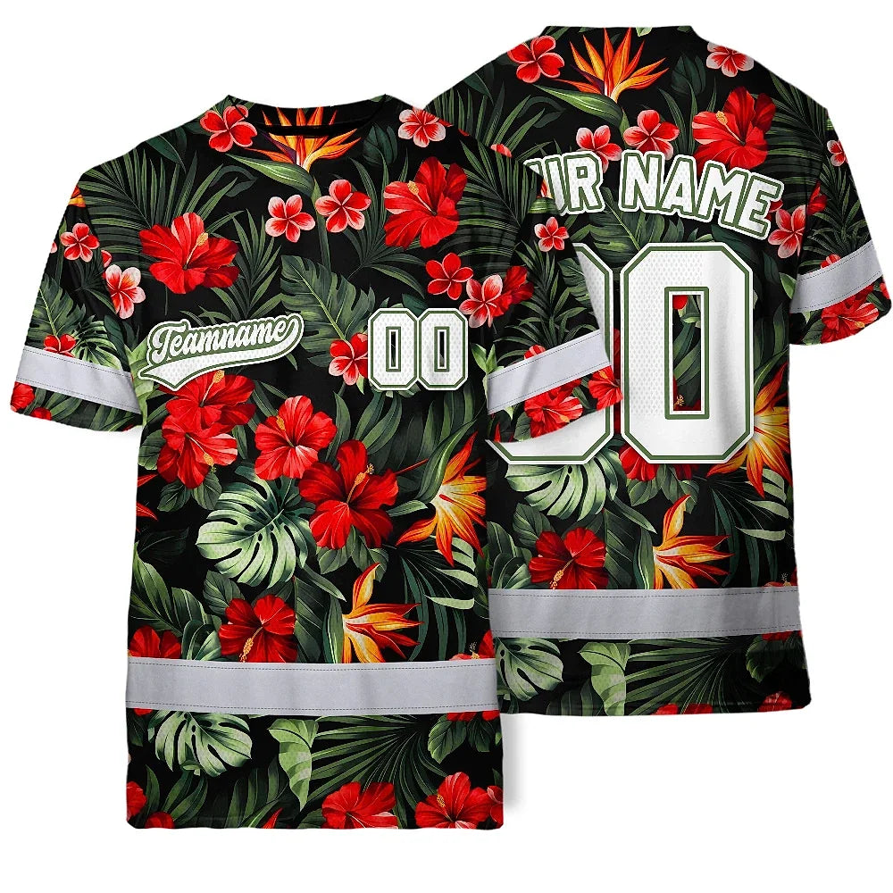 Hi Vis Team T Shirt Reflective Tapes Red Flower Custom Name And Number Safety Workwear For Baseball Team Workers, Truckers, Operators