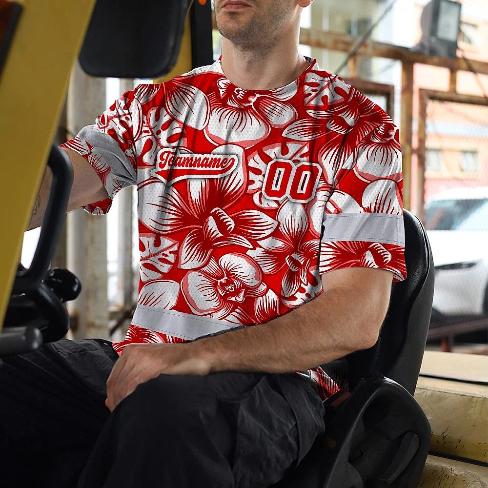 Hi Vis Team T Shirt Reflective Tapes Red White Orchid Custom Name And Number Safety Workwear For Baseball Team Workers, Truckers, Operators