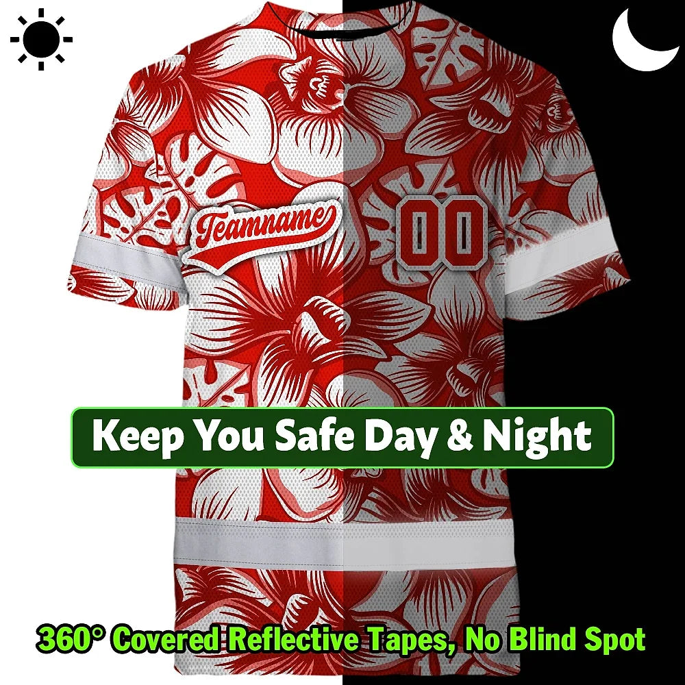 Hi Vis Team T Shirt Reflective Tapes Red White Orchid Custom Name And Number Safety Workwear For Baseball Team Workers, Truckers, Operators