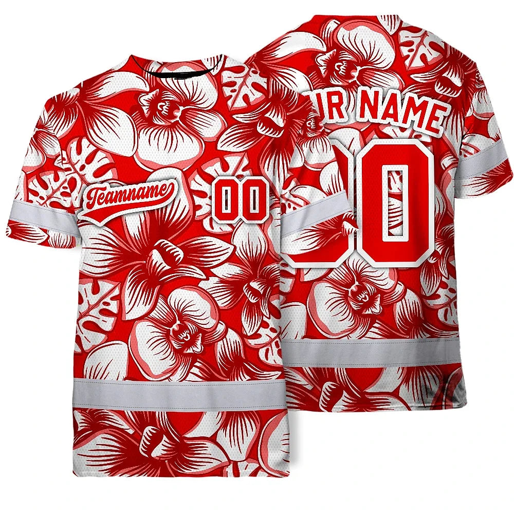 Hi Vis Team T Shirt Reflective Tapes Red White Orchid Custom Name And Number Safety Workwear For Baseball Team Workers, Truckers, Operators