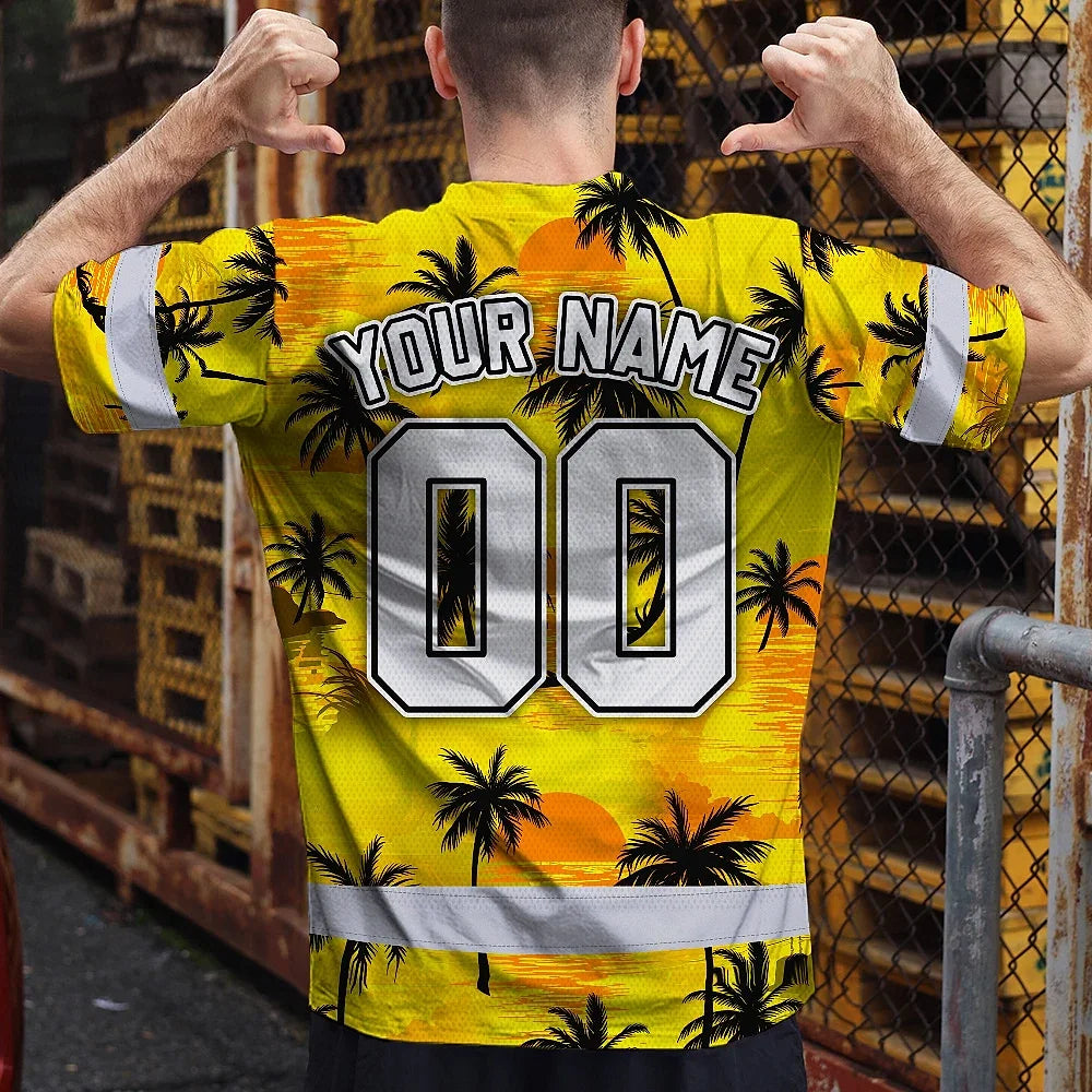 Hi Vis Team T Shirt Reflective Tapes Yellow Coconut Custom Name And Number Safety Workwear For Baseball Team Workers, Truckers, Operators