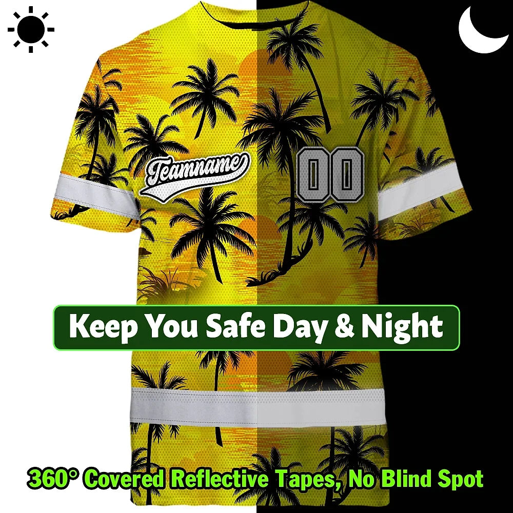 Hi Vis Team T Shirt Reflective Tapes Yellow Coconut Custom Name And Number Safety Workwear For Baseball Team Workers, Truckers, Operators