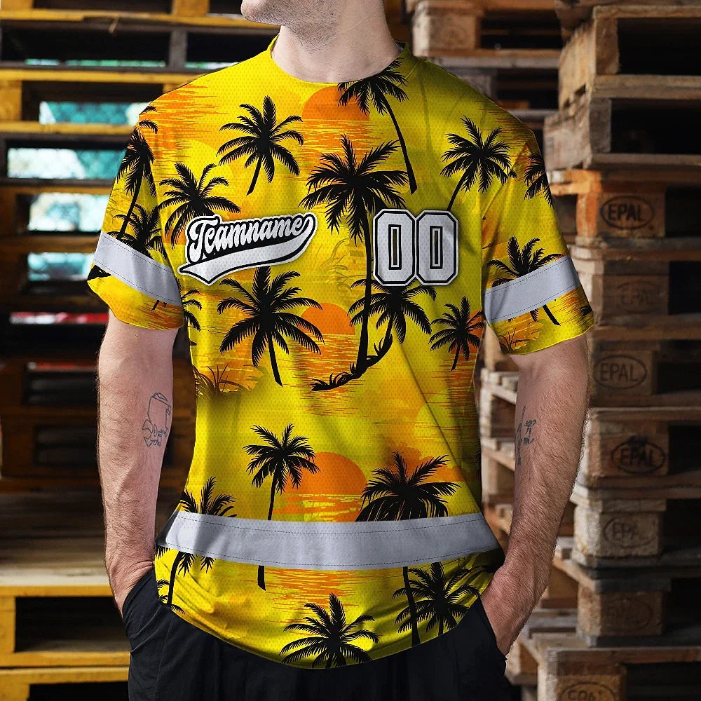 Hi Vis Team T Shirt Reflective Tapes Yellow Coconut Custom Name And Number Safety Workwear For Baseball Team Workers, Truckers, Operators