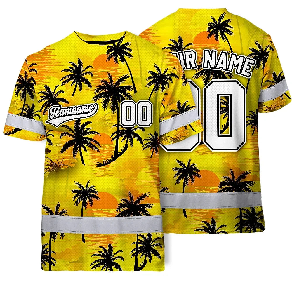 Hi Vis Team T Shirt Reflective Tapes Yellow Coconut Custom Name And Number Safety Workwear For Baseball Team Workers, Truckers, Operators