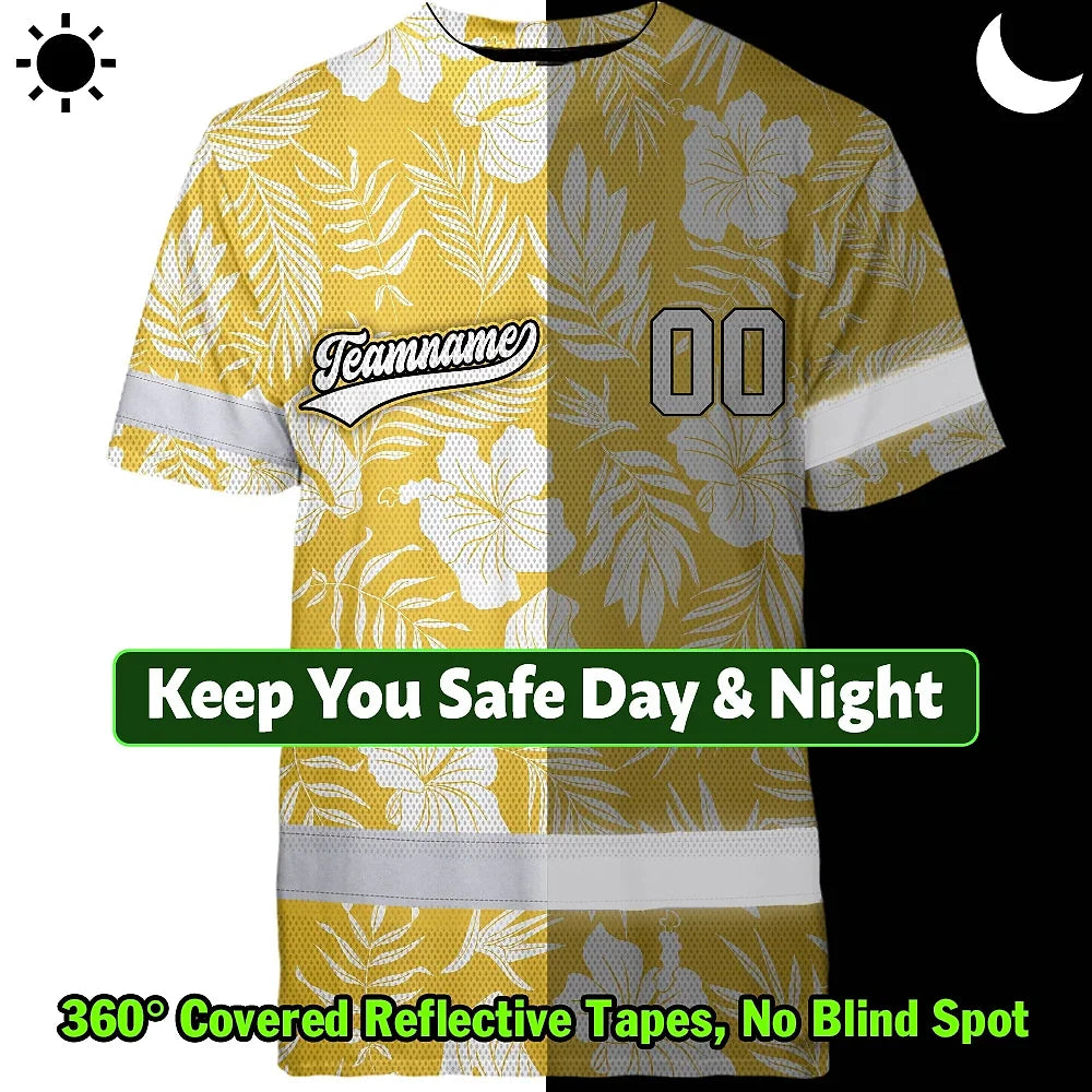 Hi Vis Team T Shirt Reflective Tapes Yellow Flower Custom Name And Number Safety Workwear For Baseball Team Workers, Truckers, Operators
