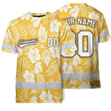 Hi Vis Team T Shirt Reflective Tapes Yellow Flower Custom Name And Number Safety Workwear For Baseball Team Workers, Truckers, Operators