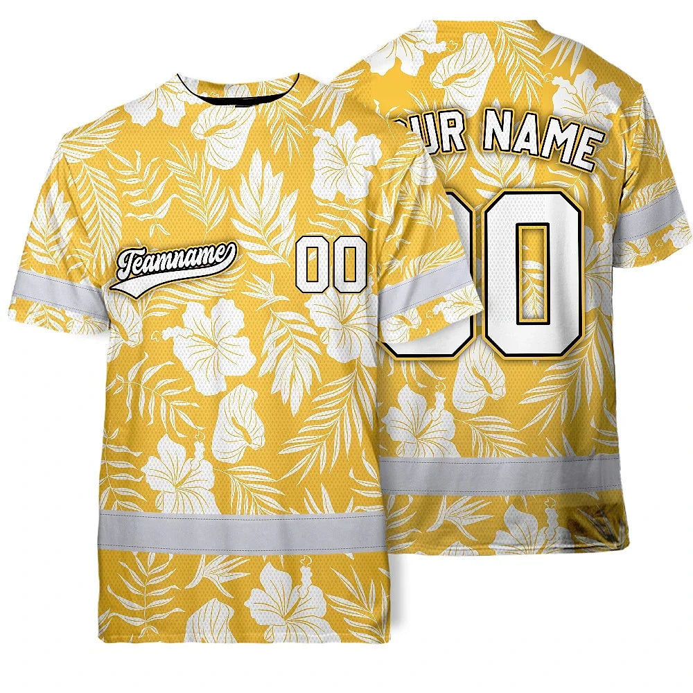Hi Vis Team T Shirt Reflective Tapes Yellow Flower Custom Name And Number Safety Workwear For Baseball Team Workers, Truckers, Operators