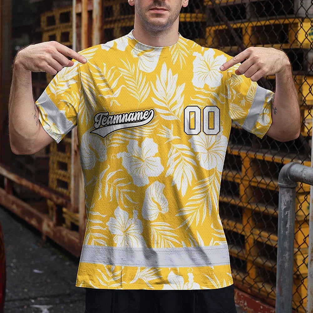 Hi Vis Team T Shirt Reflective Tapes Yellow Flower Custom Name And Number Safety Workwear For Baseball Team Workers, Truckers, Operators