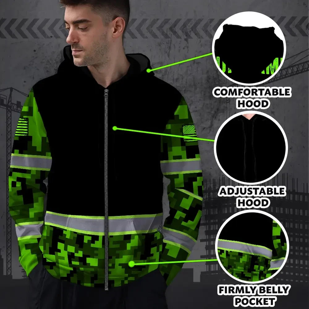 Hi Vis Zip Hoodie Reflective Green Camo Custom Name Safety Workwear