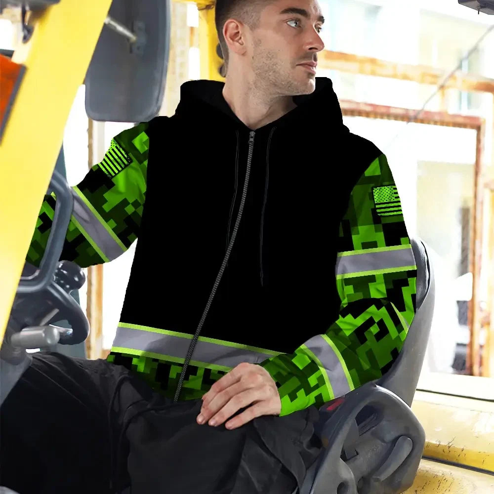 Hi Vis Zip Hoodie Reflective Green Camo Custom Name Safety Workwear