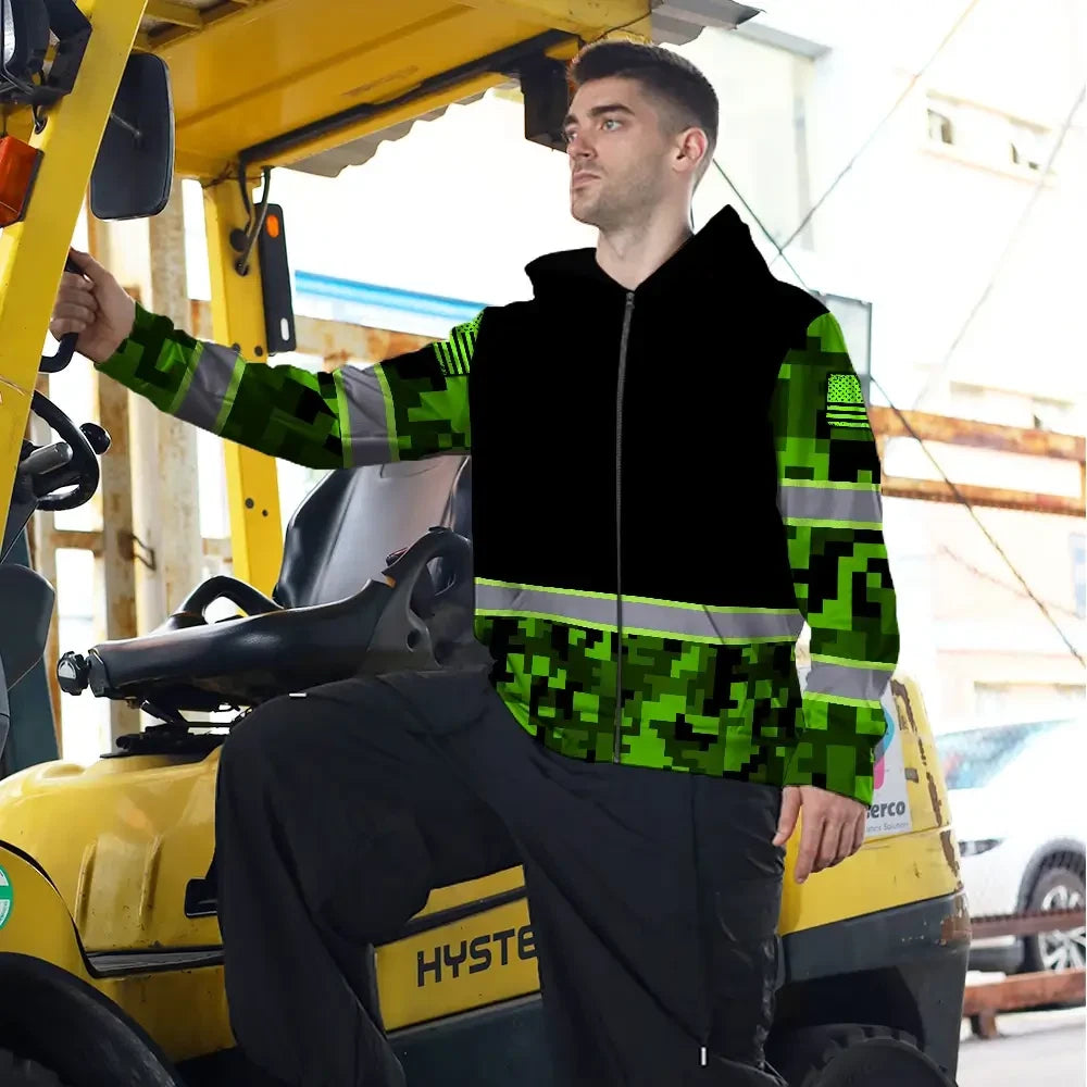 Hi Vis Zip Hoodie Reflective Green Camo Custom Name Safety Workwear