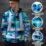Hi Vis Zip Hoodie Reflective Tapes Blue Neon Flowers 4 Custom Name Safety Workwear For Workers, Truckers, Operators
