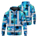 Hi Vis Zip Hoodie Reflective Tapes Blue Neon Flowers 4 Custom Name Safety Workwear For Workers, Truckers, Operators