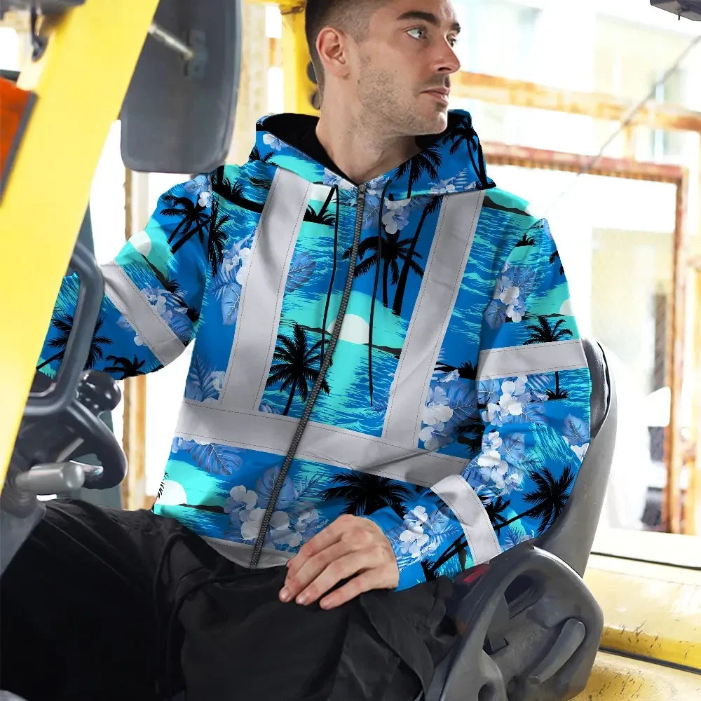 Hi Vis Zip Hoodie Reflective Tapes Blue Neon Flowers 4 Custom Name Safety Workwear For Workers, Truckers, Operators