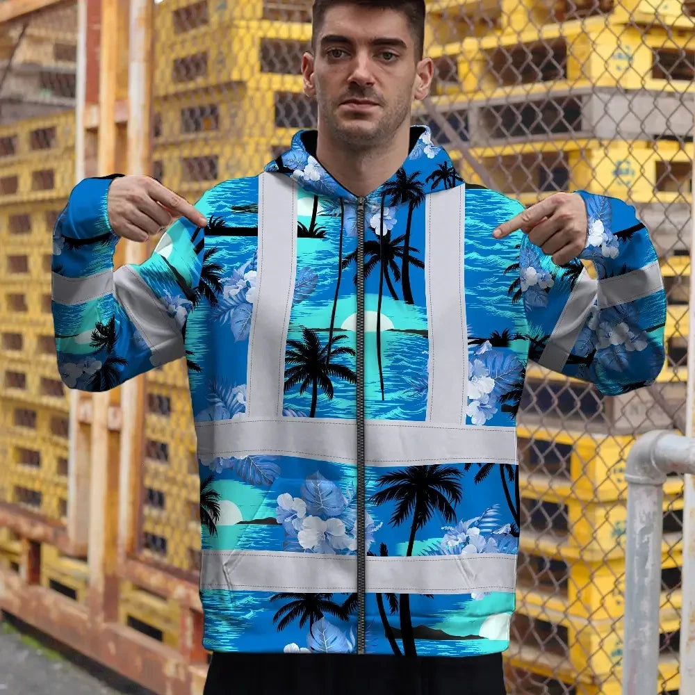 Hi Vis Zip Hoodie Reflective Tapes Blue Neon Flowers 4 Custom Name Safety Workwear For Workers, Truckers, Operators