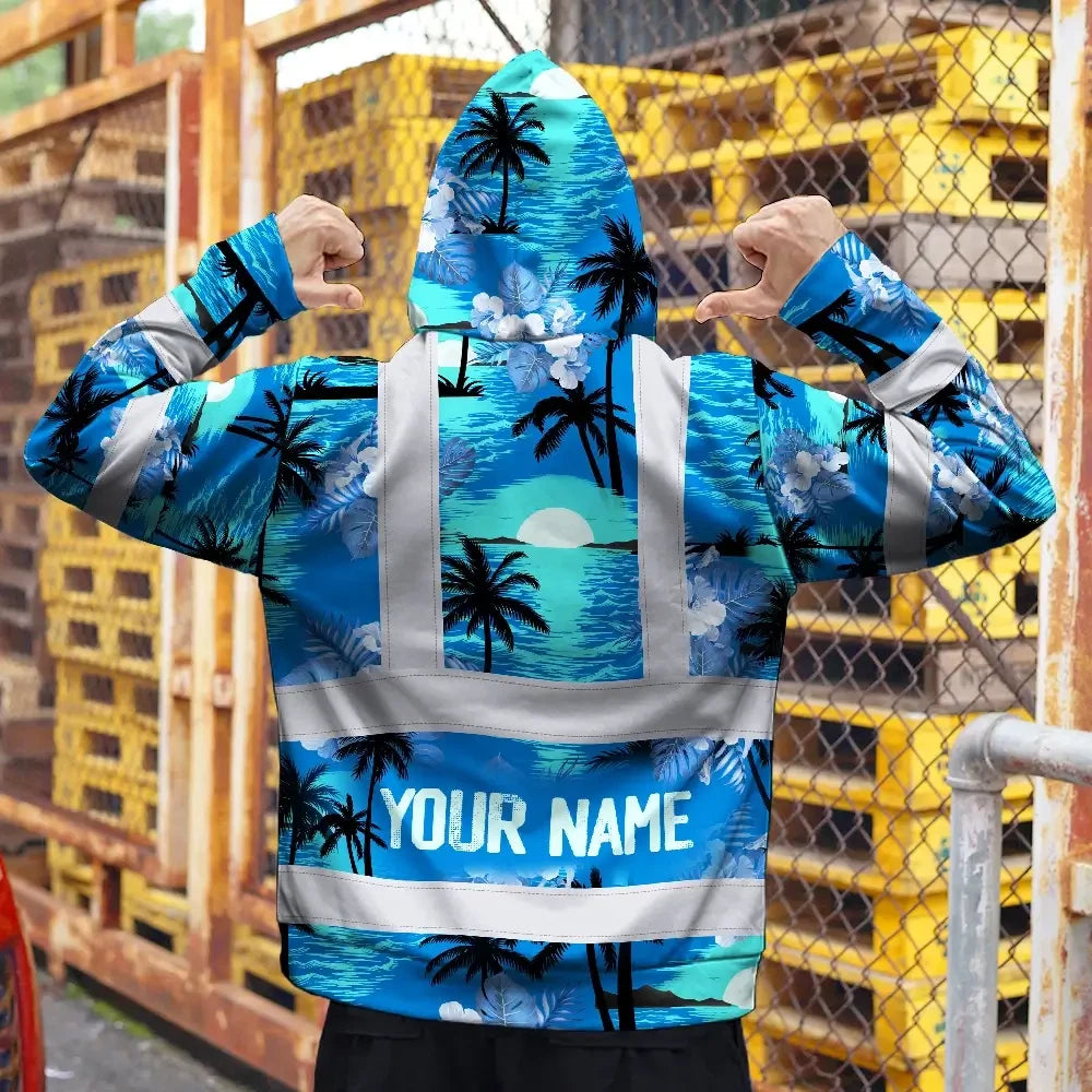 Hi Vis Zip Hoodie Reflective Tapes Blue Neon Flowers 4 Custom Name Safety Workwear For Workers, Truckers, Operators