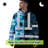 Hi Vis Zip Hoodie Reflective Tapes Blue Neon Flowers 4 Custom Name Safety Workwear For Workers, Truckers, Operators