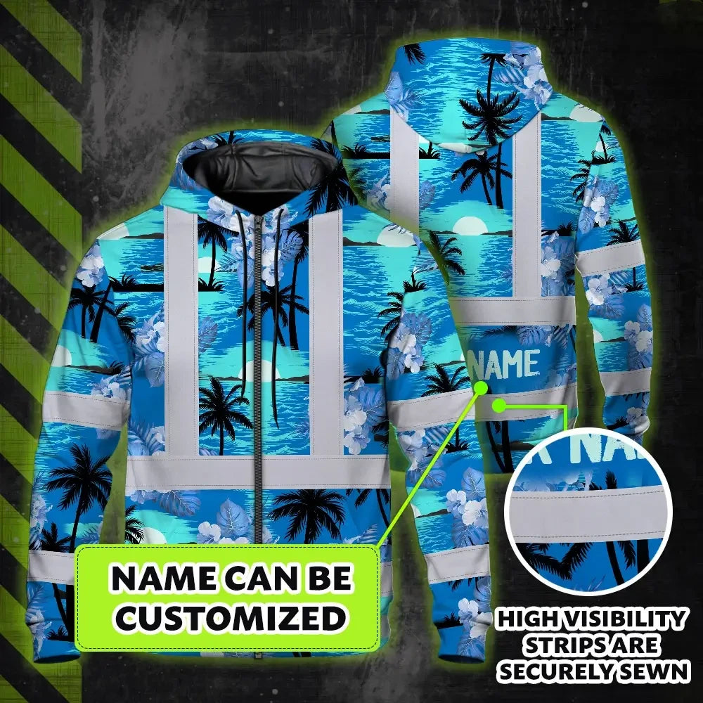 Hi Vis Zip Hoodie Reflective Tapes Blue Neon Flowers 4 Custom Name Safety Workwear For Workers, Truckers, Operators