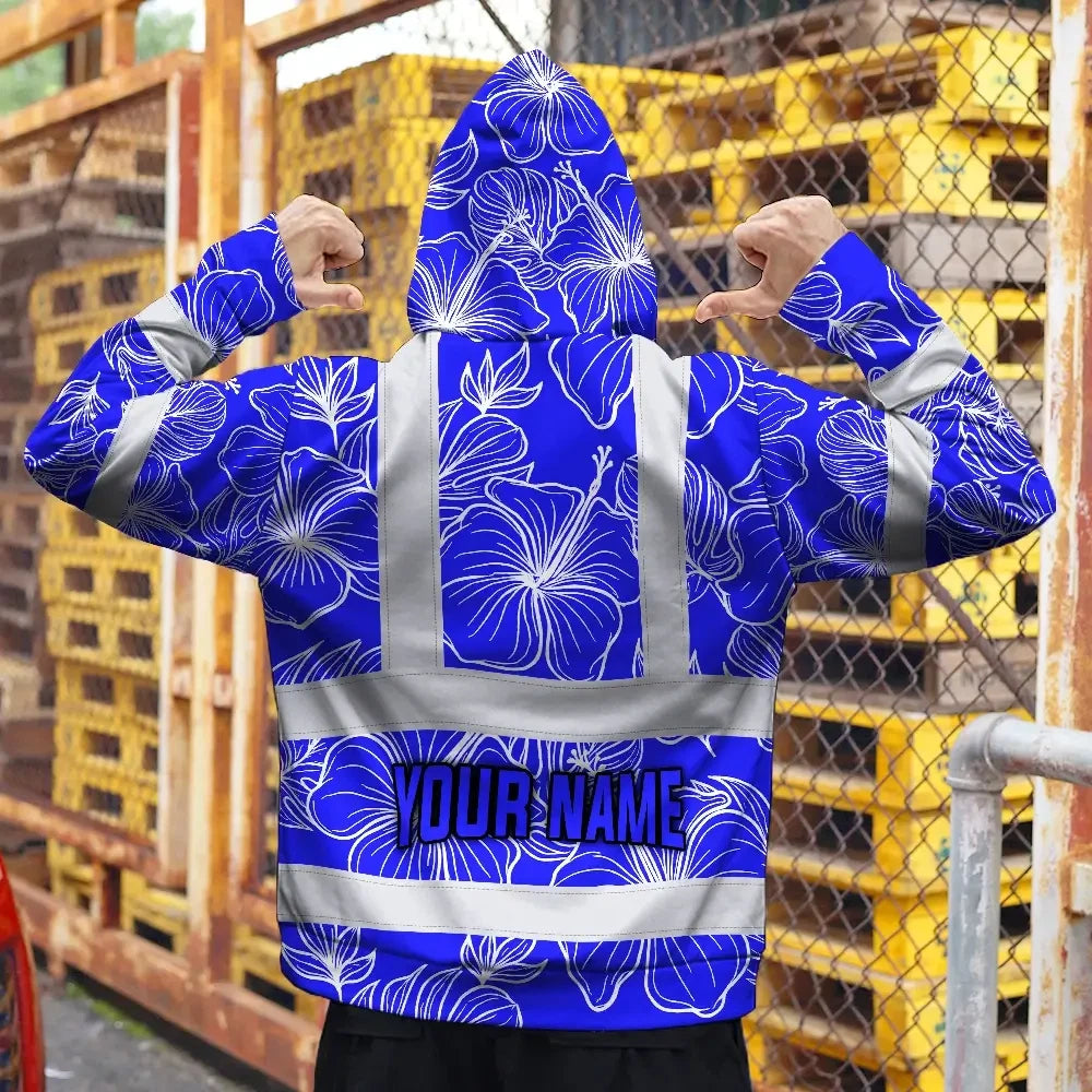 Hi Vis Zip Hoodie Reflective Tapes Blue Neon Flowers Custom Name Safety Workwear For Workers, Truckers, Operators