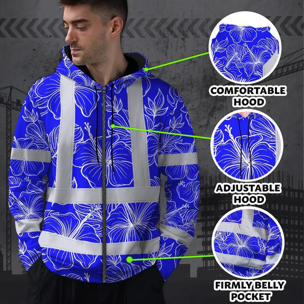 Hi Vis Zip Hoodie Reflective Tapes Blue Neon Flowers Custom Name Safety Workwear For Workers, Truckers, Operators