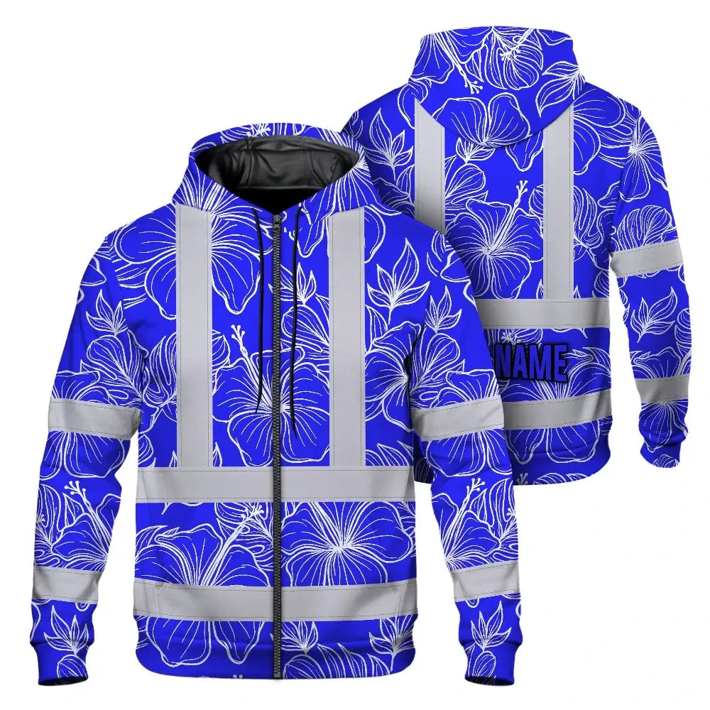 Hi Vis Zip Hoodie Reflective Tapes Blue Neon Flowers Custom Name Safety Workwear For Workers, Truckers, Operators
