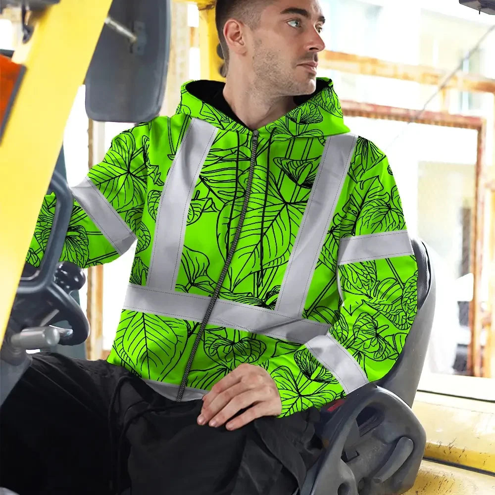 Hi Vis Zip Hoodie Reflective Tapes Blue Neon Flowers Custom Name Safety Workwear For Workers, Truckers, Operators