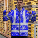 Hi Vis Zip Hoodie Reflective Tapes Blue Neon Flowers Custom Name Safety Workwear For Workers, Truckers, Operators