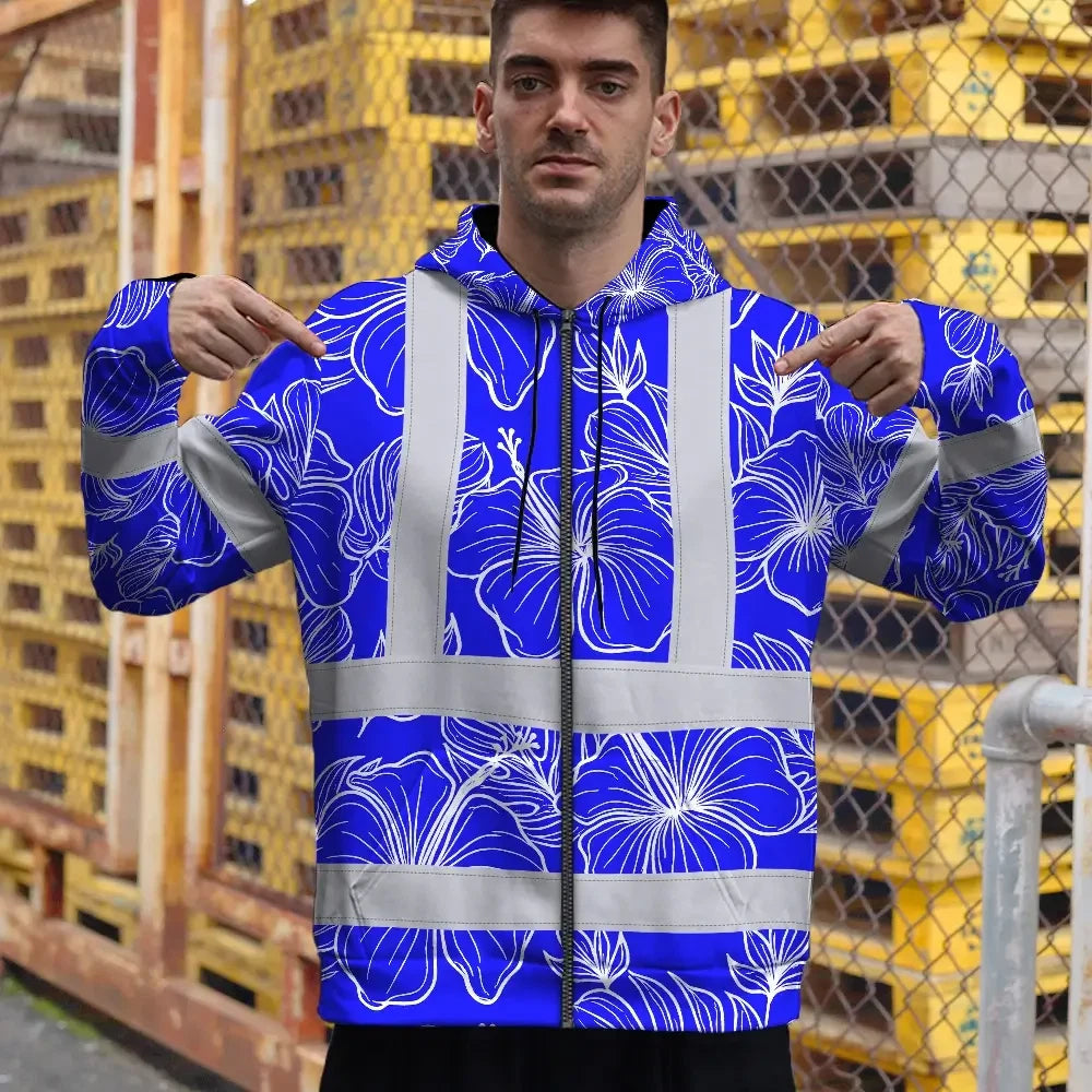 Hi Vis Zip Hoodie Reflective Tapes Blue Neon Flowers Custom Name Safety Workwear For Workers, Truckers, Operators