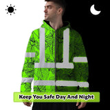 Hi Vis Zip Hoodie Reflective Tapes Blue Neon Flowers Custom Name Safety Workwear For Workers, Truckers, Operators