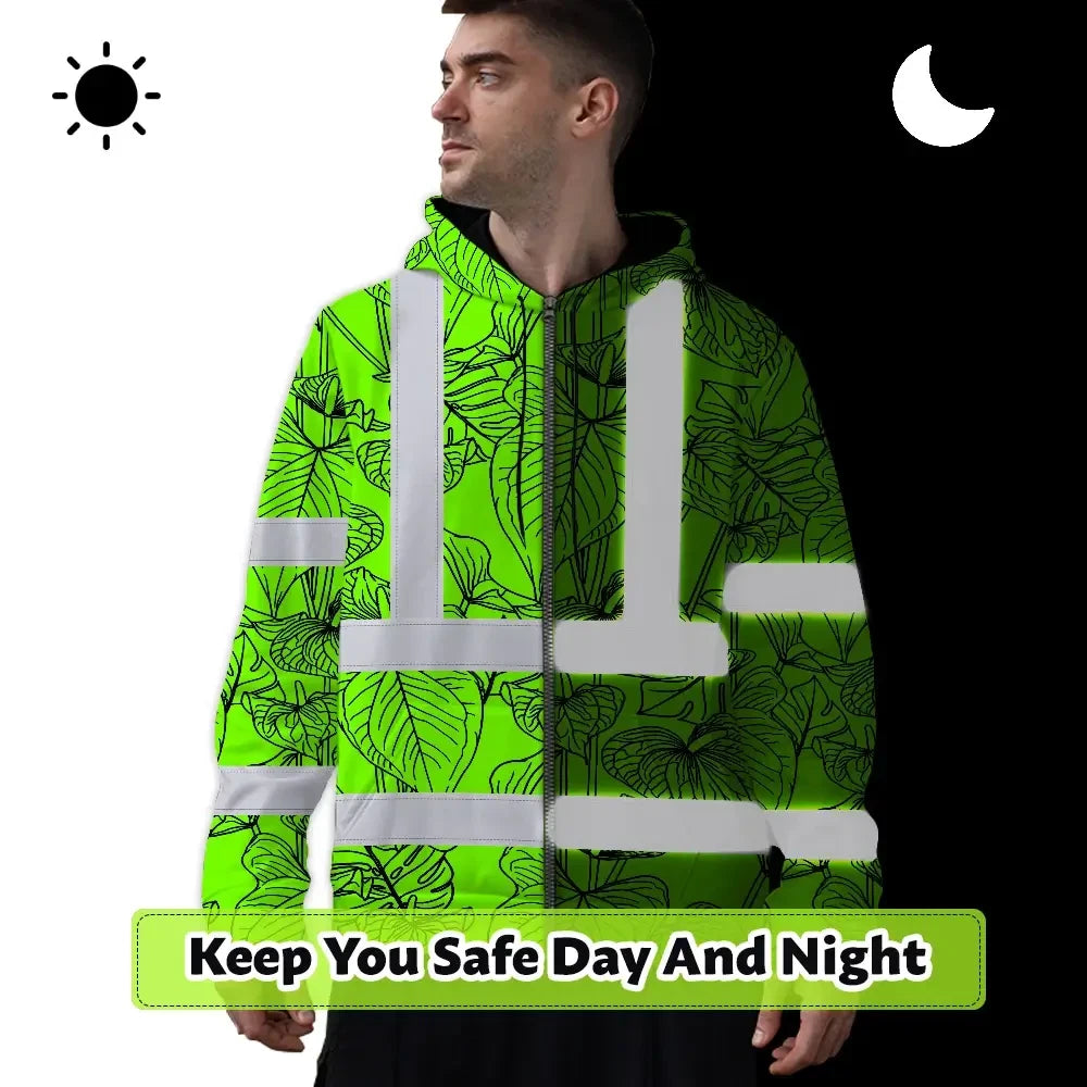 Hi Vis Zip Hoodie Reflective Tapes Blue Neon Flowers Custom Name Safety Workwear For Workers, Truckers, Operators