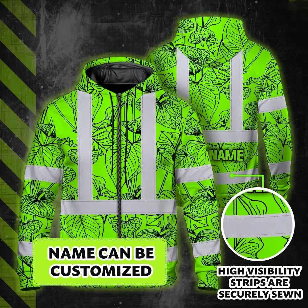 Hi Vis Zip Hoodie Reflective Tapes Blue Neon Flowers Custom Name Safety Workwear For Workers, Truckers, Operators