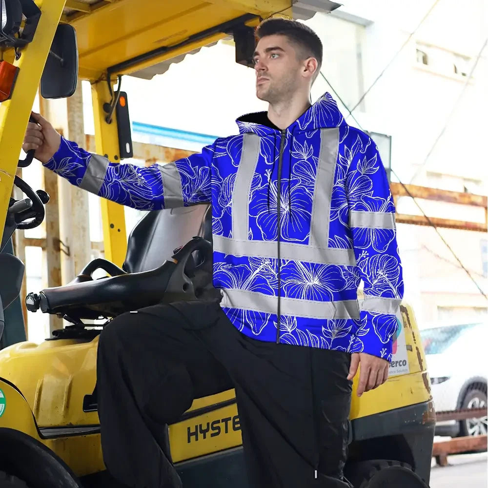 Hi Vis Zip Hoodie Reflective Tapes Blue Neon Flowers Custom Name Safety Workwear For Workers, Truckers, Operators