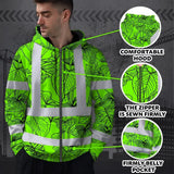 Hi Vis Zip Hoodie Reflective Tapes Blue Neon Flowers Custom Name Safety Workwear For Workers, Truckers, Operators