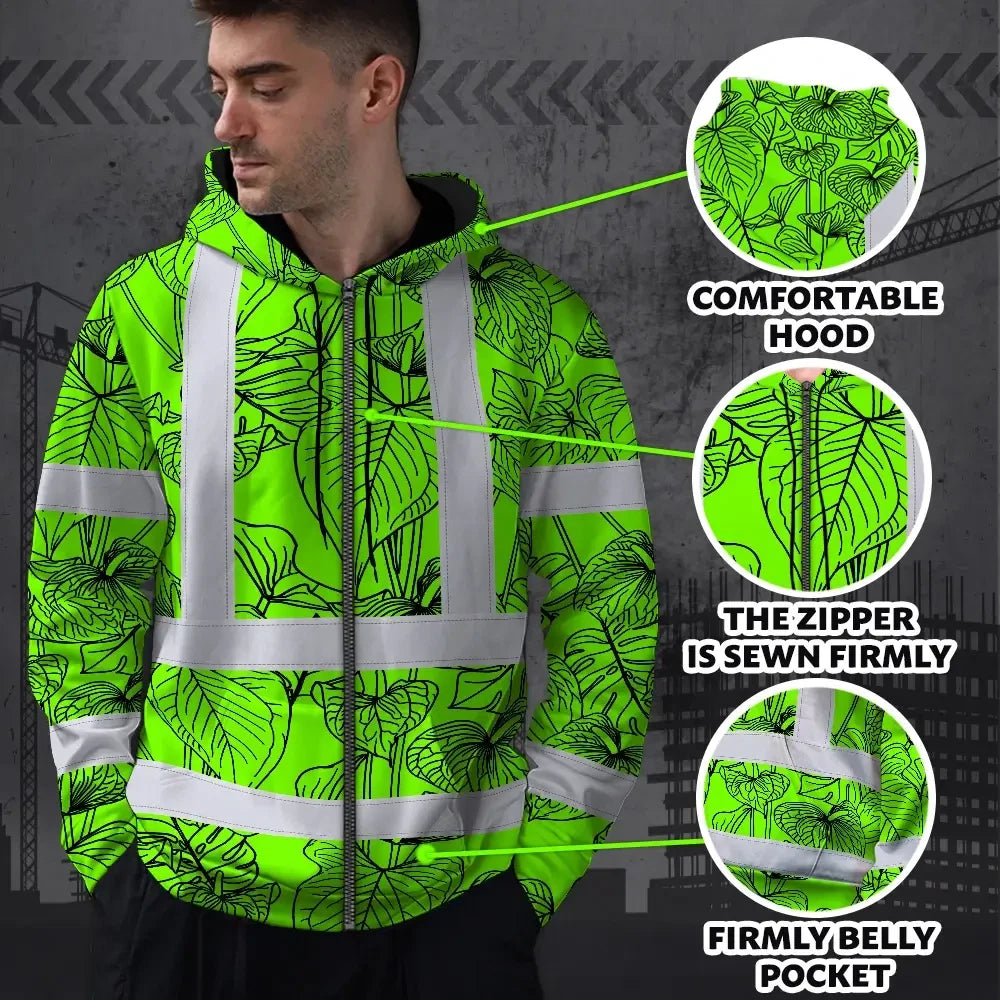 Hi Vis Zip Hoodie Reflective Tapes Blue Neon Flowers Custom Name Safety Workwear For Workers, Truckers, Operators